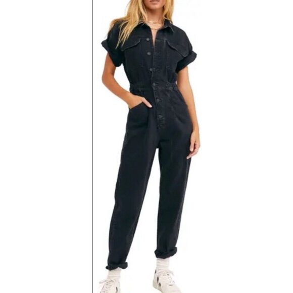 Free People Pants - Free People We The Free Marci Washed Black Denim Cotton Coverall Jumpsuit Size S